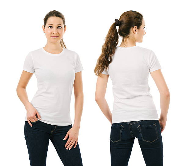istock Smiling woman wearing blank white shirt 499377891