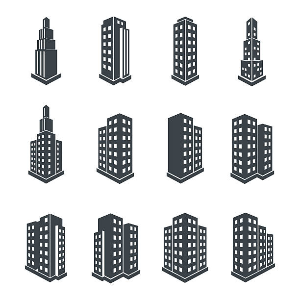 ilustrações, clipart, desenhos animados e ícones de edifício perspectiva ícones em 3d. - skyscraper construction built structure single object