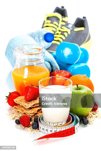 Different Tools For Sport And Healthy Food Stock Photo - Download Image Now - Alcohol - Drink, Apple - Fruit, Berry Fruit