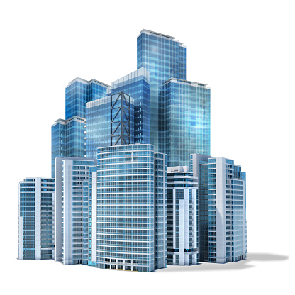 Futuristic financial district and business center with modern office skyscraper buildings, glass  and steel. Isolated on white background with clipping path. Shadow is left out of clipping path for customized editing.