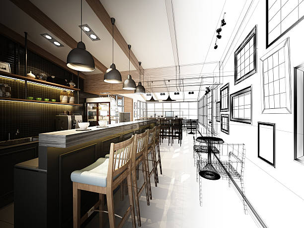 sketch design of coffee shop ,3dwire frame render