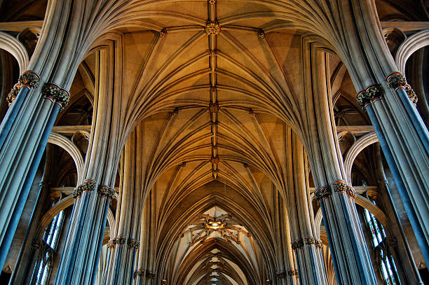 The decorated nave section of the cathedral with its ornate columns, archways and ceiling.