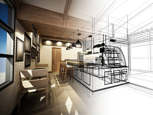 istock sketch design of coffee shop ,3dwire frame render 499390250