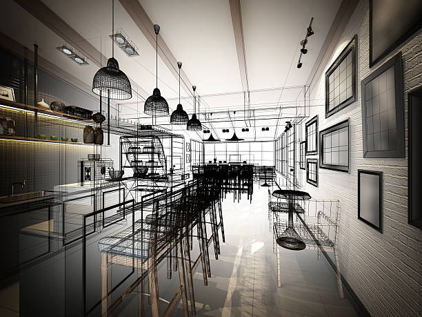 istock sketch design of coffee shop ,3dwire frame render 499390304