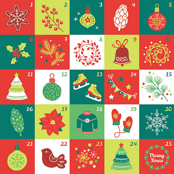 ilustrações de stock, clip art, desenhos animados e ícones de calendário de advento de natal com estrela, cookies, bola, cone, bagas, bauble - confetti new years day new year christmas