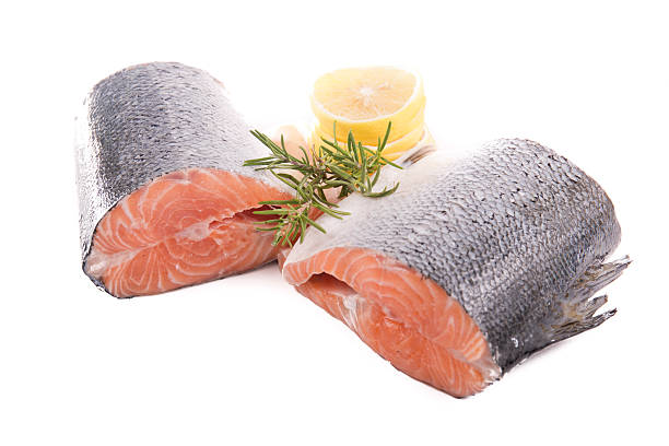 istock Two piece of fresh salmon with on a white background 499392780