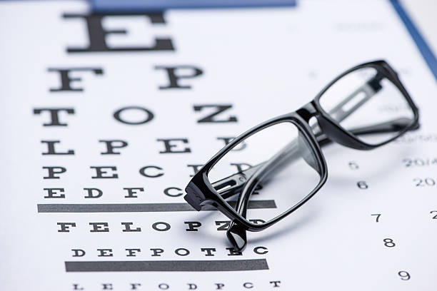 Eye test Eye test chart out of focus on white with glasses in foreground eye exam stock pictures, royalty-free photos & images
