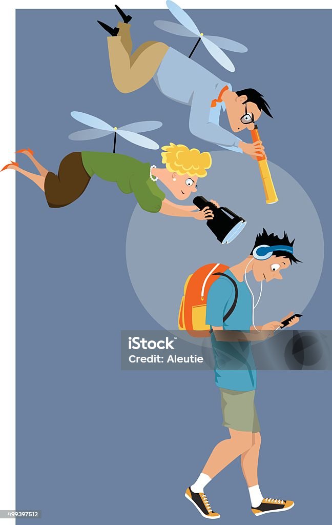 Helicopter parents of a teenager Helicopter parents hovering over their teenage son with a telescope and a binoculars, EPS 8 vector illustration Helicopter stock vector