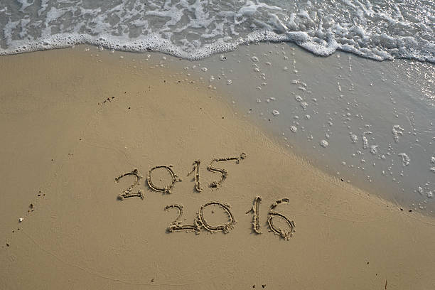 istock 2015 and 2016 year on the sand beach 499401426