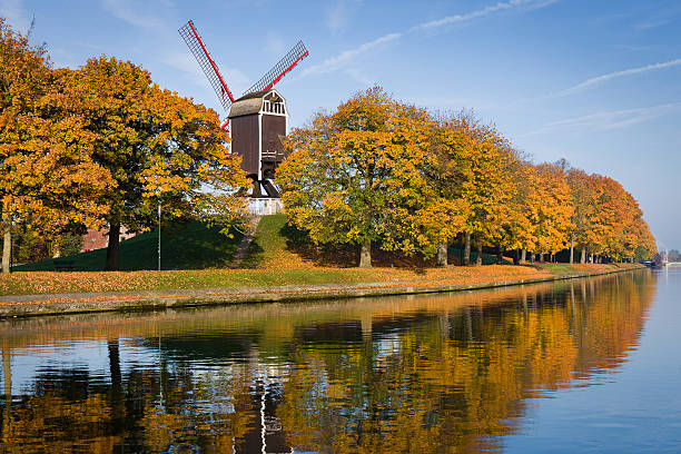 molino de viento de madera en brujas, bélgica. - belgium bruges windmill europe fotografías e imágenes de stock