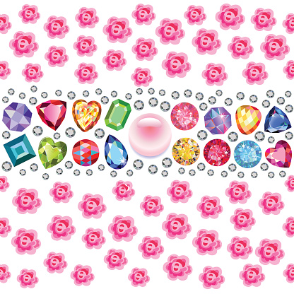 Seamless scattered gems, rhinestones, pearls & roses isolated on blue background, vector illustration