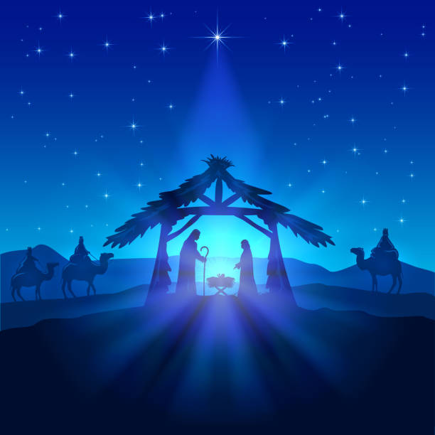 Christmas star and birth of Jesus Nativity scene, Christmas star on blue sky and birth of Jesus, illustration. new years baby stock illustrations