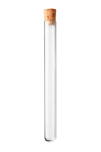 A studio shot of an empty test tube with a cork isolated on white background