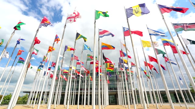 International flags and office building