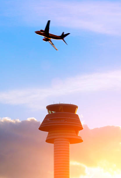 istock Airport control tower, passenger airplane 499405895