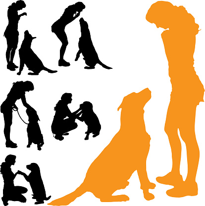 Vector silhouette of people with dog on a white background.