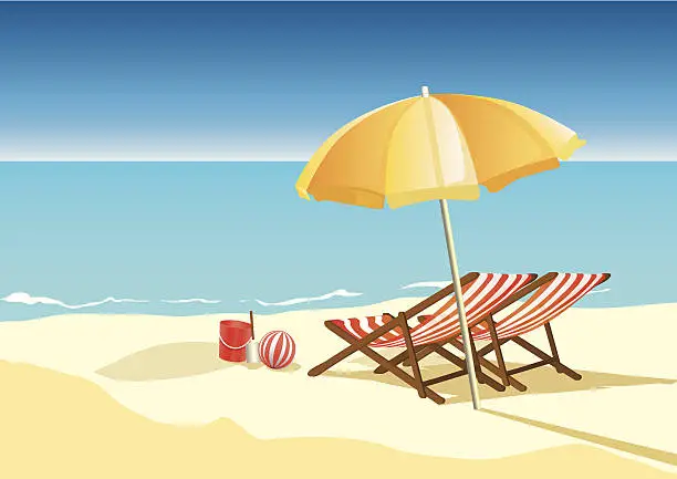 Vector illustration of summer beach with umbrella and chairs