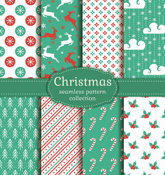 Christmas seamless patterns. Vector set. Merry Christmas and Happy New Year! Set of retro seamless backgrounds with traditional symbols: reindeer, fir-tree, holly, candy cane, snowflakes and suitable abstract patterns. Vector collection. candy cane striped stock illustrations