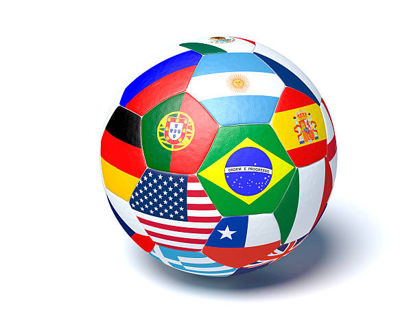 drapeaux de ballon de football - globe earth football soccer photos et images de collection