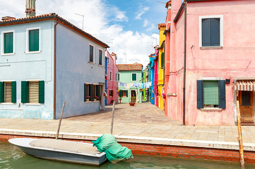 Burano. The island in the lagoon near Venice. Famous tourist attraction. Famous for its colorful houses and lace.