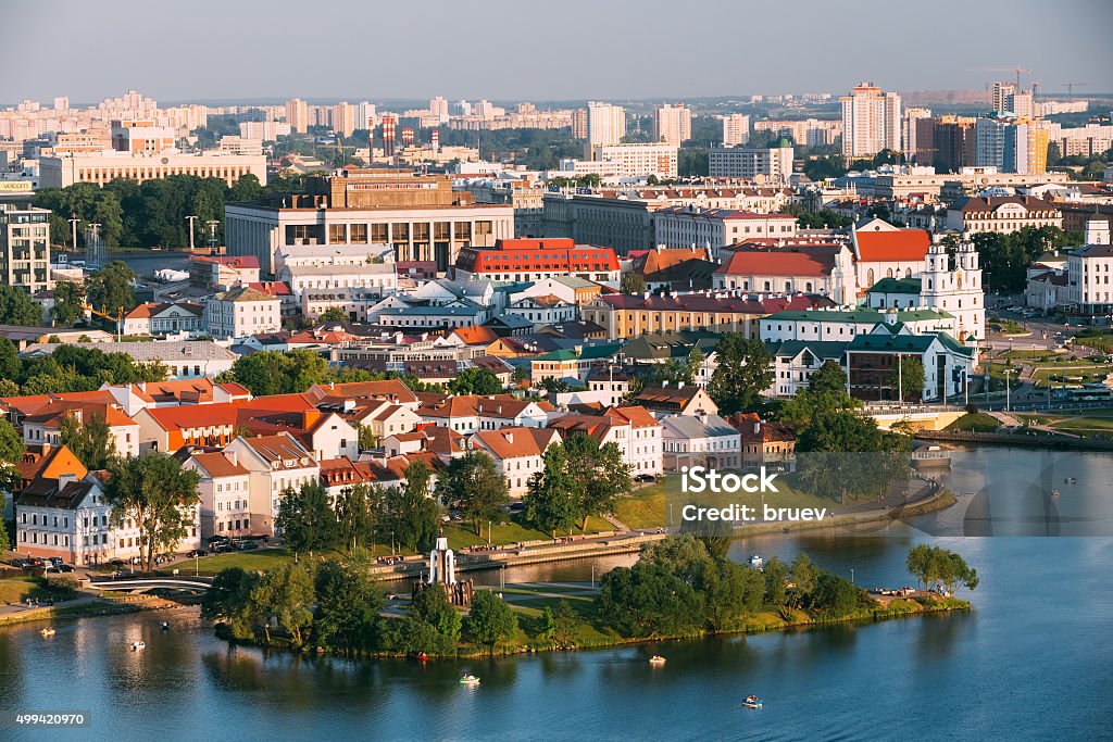 Aerial view, cityscape of Minsk, Belarus Aerial view, cityscape of Minsk, Belarus. Summer season, sunset time. Nemiga district Aerial View Stock Photo