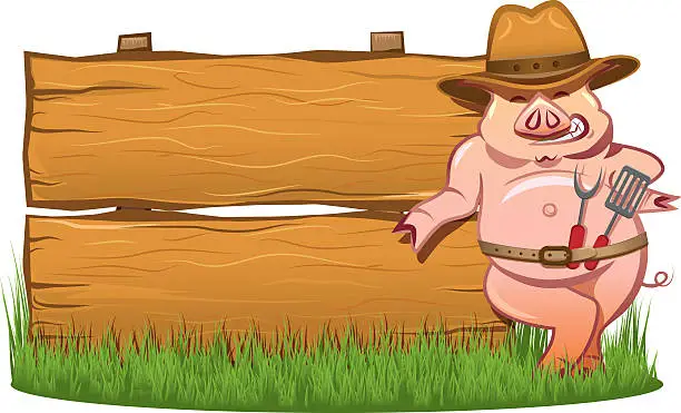 Vector illustration of Barbeque grill - Smiling hog and wooden sign