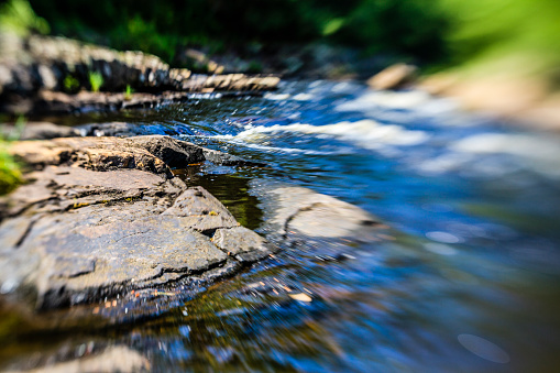 Flowing water in the forest mountain streem. Tukhannock creek, Austin T Blackslee natural area, Poconos, Pennsylvania, USA. Selective focus, blured photo with lensbaby lens. 