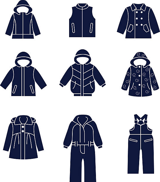 Icon set of types of winter clothes for children There are winter jackets and clothes for skiing cape garment stock illustrations