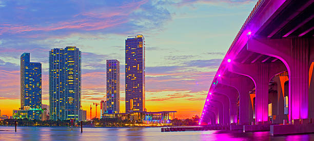 Miami Florida at sunset, colorful skyline stock photo