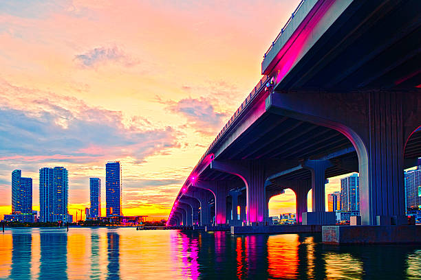 Miami Floride panorama coloré au coucher du soleil, - Photo