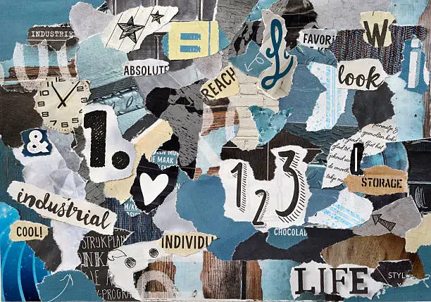 Photo of blue grey mood board collage sheet made of teared magazines