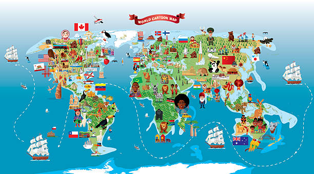 cartoon map of world - turistik yer illüstrasyonlar stock illustrations