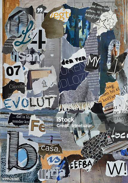 Blue Grey Mood Board Collage Sheet Made Of Teared Magazines Stock Photo - Download Image Now