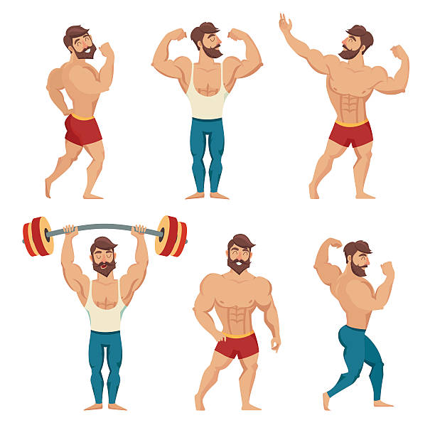 Set of muscular, bearded mans vector illustration. Set of muscular, bearded mans vector illustration. Fitness models, posing, bodybuilding. Isolated on white background body building stock illustrations