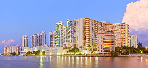 Hollywood Florida Hollywood Florida, illuminated buildings at sunset reflected in the water hollywood florida photos stock pictures, royalty-free photos & images