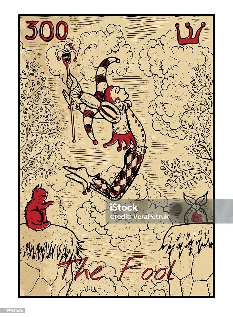 The fool. The tarot card in color The fool.  The major arcana tarot card in color, vintage hand drawn engraved illustration with mystic symbols. Man in costume of harlequin jumping through abyss. Joker and cat. Tarot Cards stock vector