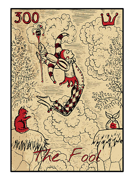 The fool. The tarot card in color The fool.  The major arcana tarot card in color, vintage hand drawn engraved illustration with mystic symbols. Man in costume of harlequin jumping through abyss. Joker and cat. fool stock illustrations