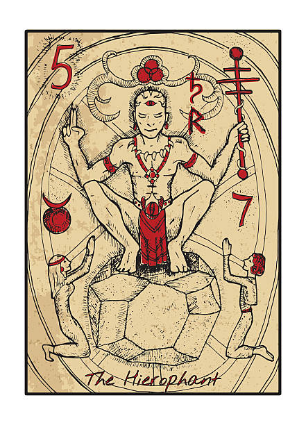 The Hierophant. The tarot card in color The hierophant.  The major arcana tarot card in color, vintage hand drawn engraved illustration with mystic symbols. Priest or magician sitting on stone and holding wand. Man and woman praying. drawing of a man kneeling in prayer stock illustrations
