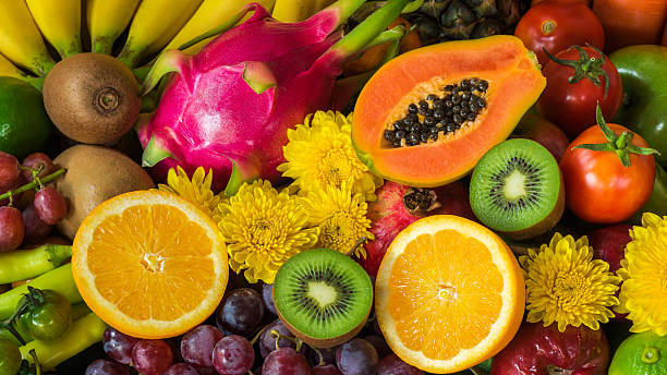 Group of fresh fruits and vegetables organics for healthy