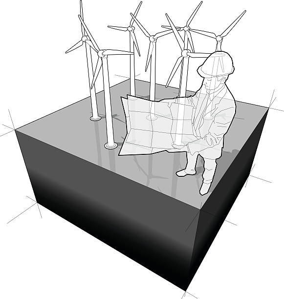 illustrazioni stock, clip art, cartoni animati e icone di tendenza di diagramma di una turbina eolica fattoria con architetto - blueprint electrical component engineer plan