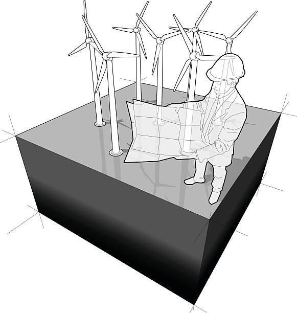 図の風力タービンファーム、建築家 - blueprint electrical component engineer plan点のイラスト素材／クリップアート素材／マンガ素材／アイコン素材