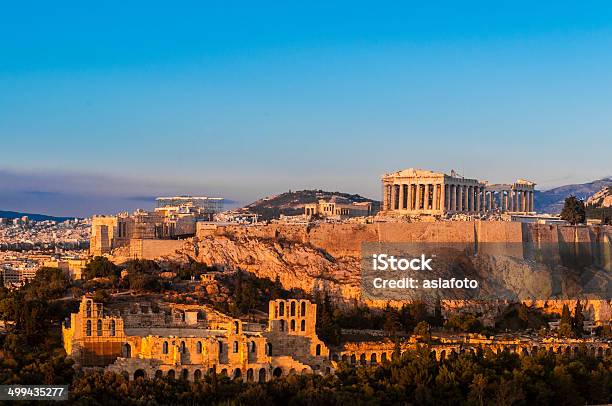 Acropolis Hill Parthenon Athens Greece Odeon Herodes Atticus Golden Twilight Stock Photo - Download Image Now