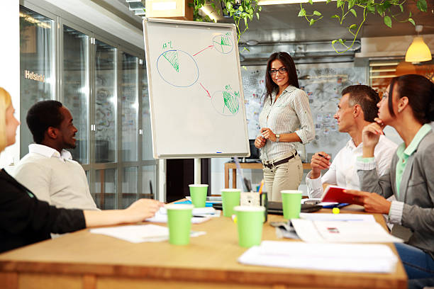 istock Young smiling businesswoman explaining graph 499435919