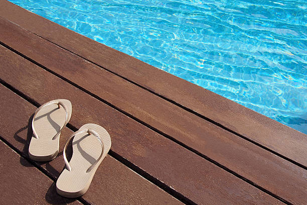 istock Flip flops by the swimming pool 499436033