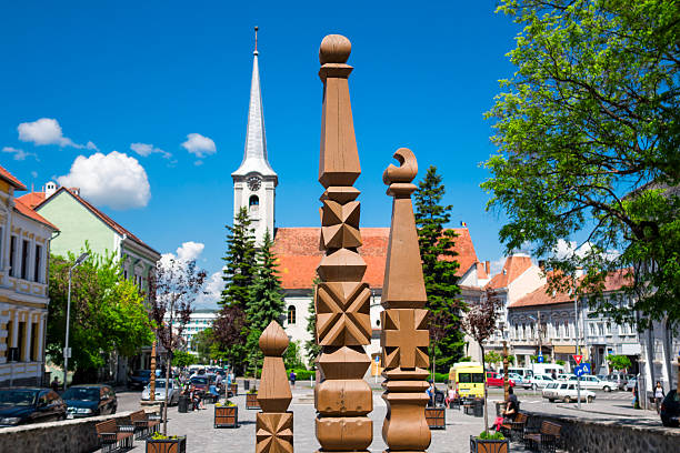 Traditionally carved headbords in downtown Szekelyudvarhely (Odorhei), Szekler Land, Romania