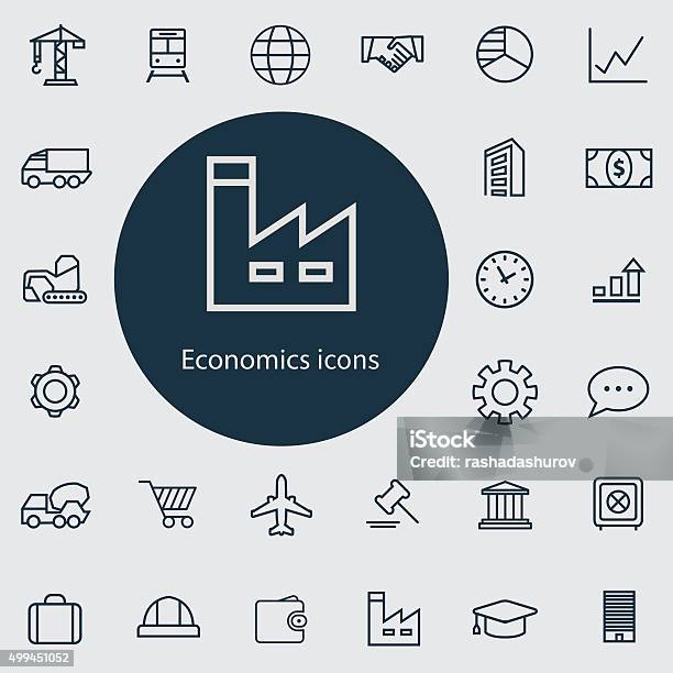 Economics Outline Thin Flat Digital Icon Set Stock Illustration - Download Image Now - Airplane, Bank - Financial Building, Banking