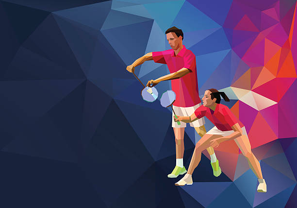 Badminton players mixed doubles team, man and woman Badminton mixed doubles team, man and woman start badminton game, vector sports illustration in polygonal triangles design style badminton stock illustrations