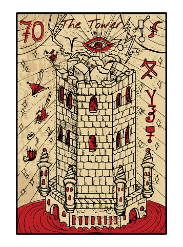 The tower.  The major arcana tarot card in color, vintage hand drawn engraved illustration with mystic symbols. Destroyed fortress with people falling from the roof.