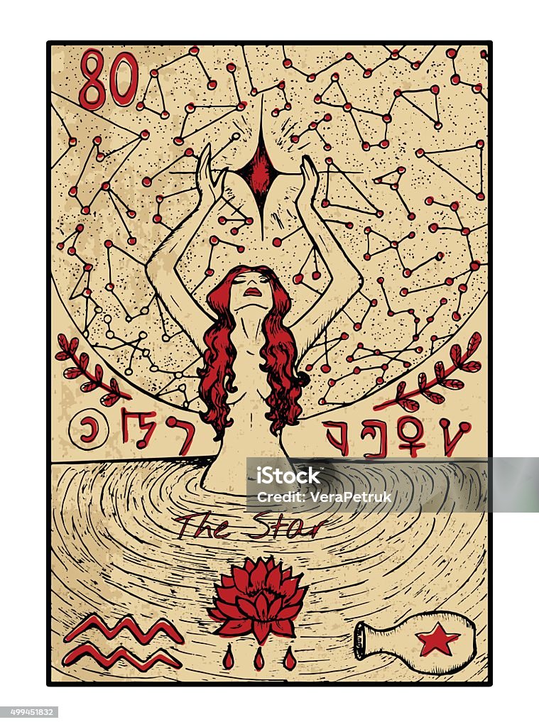 The Star. The Tarot card in color The star.  The major arcana tarot card in color, vintage hand drawn engraved illustration with mystic symbols. Young woman swimming in the pond and looking at the star Tarot Cards stock vector