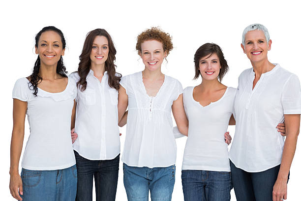 istock Cheerful pretty women posing with white tops 499452467